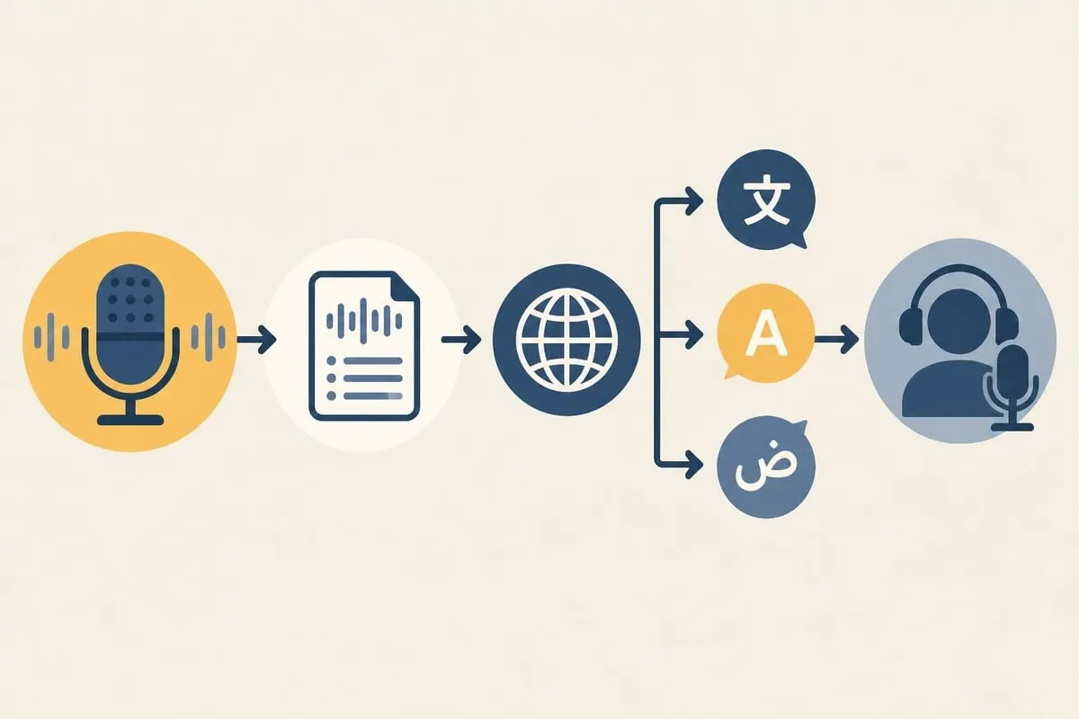 One recording transcribed, then branching into several translated transcripts